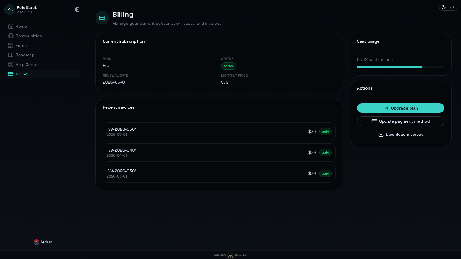 RoleStack billing dashboard screenshot