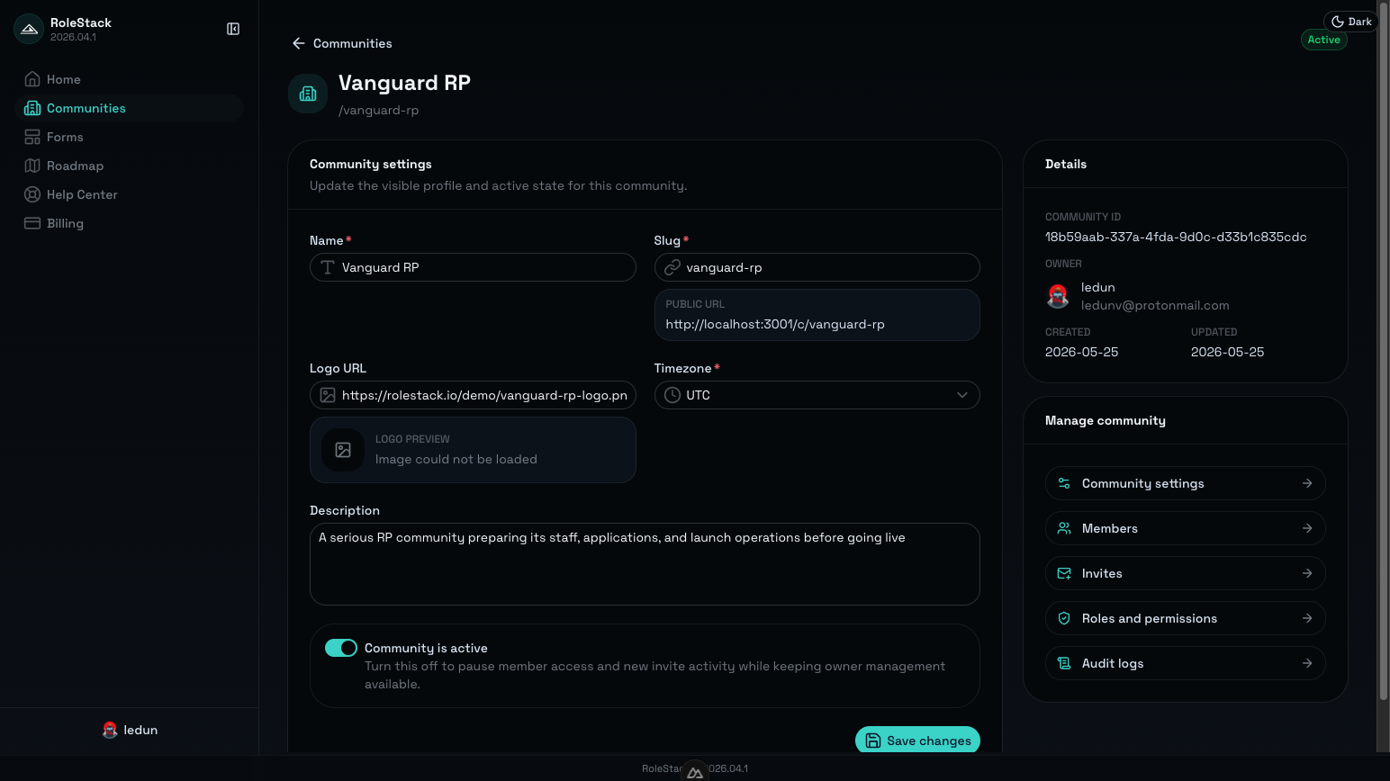 RoleStack community workspace dashboard screenshot