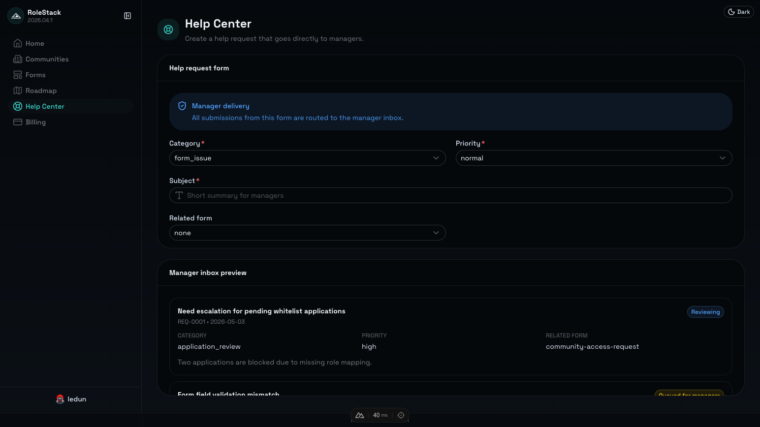 RoleStack help center dashboard screenshot